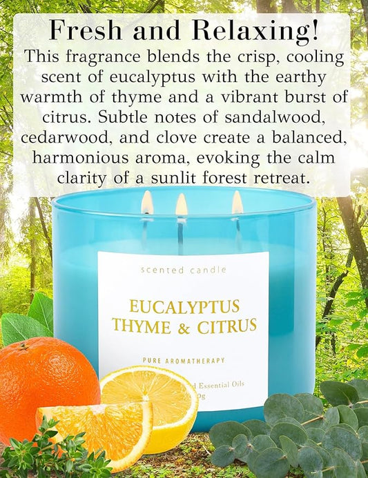 Eucalyptus Thyme Citrus Scented Candle - Large 3 Wick Soy Candle 15.8 oz - Aromatherapy Candle for Relaxation & Stress Relief - Calming Herbal Spa Scent - Long Lasting Candles for Women & Men