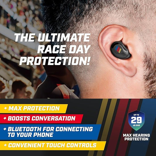 AXIL XCOR PRO NASCAR Wireless Earbuds Bluetooth — HearPRO Buds with Touch Control — Bluetooth Enhancement — Hearing Protection — Dust & Water Resistant — Wind Resistant True Wireless Earbuds
