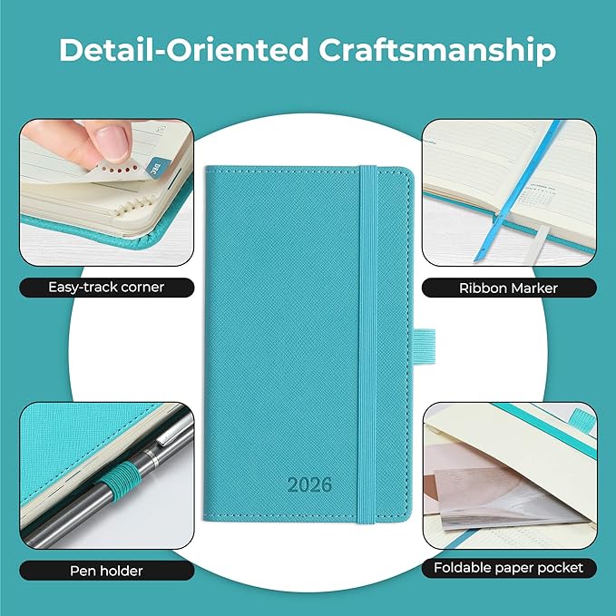 Weekly Monthly 2026 Planner (Jan.26-Dec.26),6.5"x3.75",12 Months Agenda Plan with Month Tabs & Pocket,Expenses/Note Pages, Appointment Book Calendar with Vegan Leather Cover,Light Blue