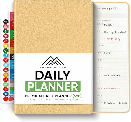Daily Planner 2025 (5" x 8") - The Ultimate Daily Workflow Planner with Hourly Schedule & Task List to Achieve Your Goals by PRODUCTIVITY STORE (A5, Cream)