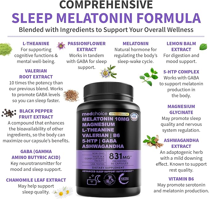 12-in-1 Melatonin Sleep Capsules - 10mg Melatonin Extra Strength with Magnesium and Balanced Blend of Ashwagandha, GABA, Chamomile Extract, L-Theanine & Valerian Root 10:1 Extract (90ct, Pack of 2)