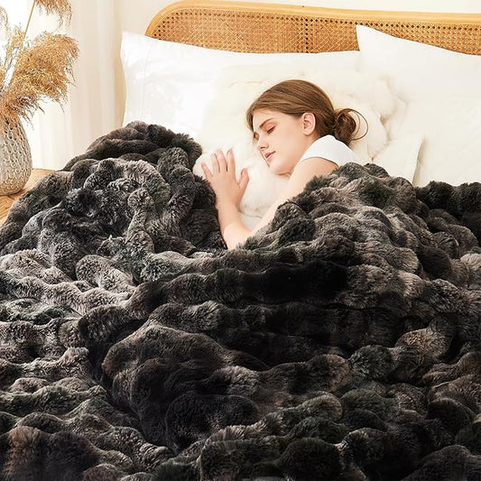 L'AGRATY Faux Fur Throw Blanket: 60" x 80" Luxury Soft Fluffy Thick Rabbit Fur Blankets for Twin Bed Couch - Cozy Plush Bubble Blankets for Home Decor: Warm Flannel Fleece Decorative Blanket