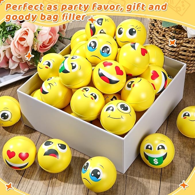 Libima 120 Pcs Face Stress Balls Bulk 2 Inch Foam Face Squeeze Balls Mini Yellow Funny Stress Relief Ball for Kids Adults Coworkers Relief Squeeze Finger Exercise School