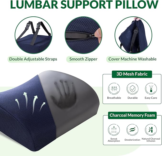 Charcoal Memory Foam Seat Cushion & Adjustable Lumbar Pillow Set - Back Support for Pain Relief (Sciatica,Tailbone),Washable & Non-Slip,Multipurpose for Office,Car,Wheelchair - Navy Blue
