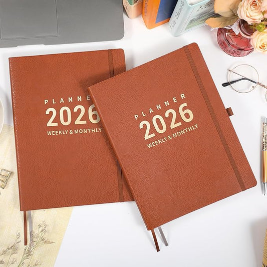 2026 Planner - 2026 Planner Weekly and Monthly, January 2026 - December 2026, 8.5" x 11", Pen Holder, Calendar Stickers, Pocket, 25 Notes Pages, Faux Leather Cover, A4 Premium Paper - Brown