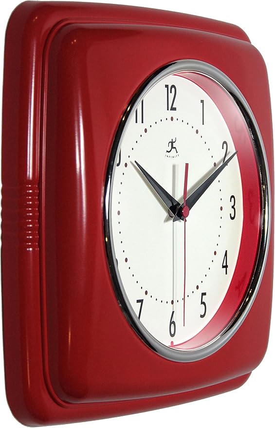 Infinity Instruments Square Silent Retro 9 inch Mid Century Modern Kitchen Diner Retro Wall Clock Quartz Sweep Movement (Red)