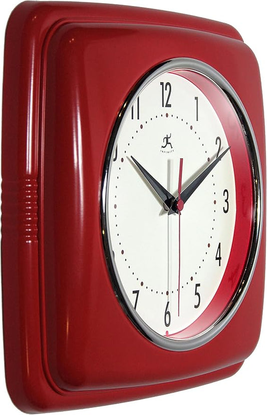 Infinity Instruments Square Silent Retro 9 inch Mid Century Modern Kitchen Diner Retro Wall Clock Quartz Sweep Movement (Red)