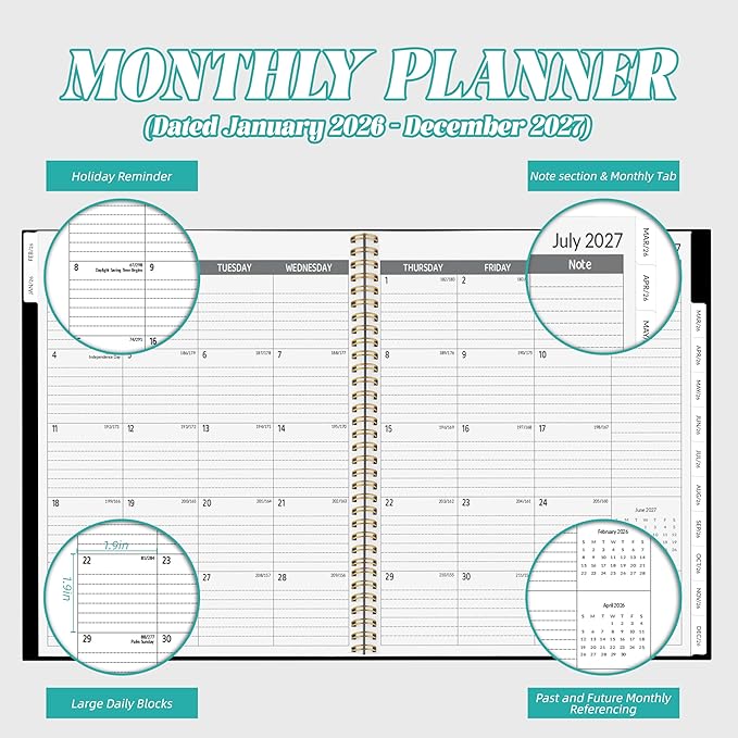 2026-2027 Monthly Planner, 2 Year Monthly Planner/Calendar 2026-2027, Jan 2026 – Dec 2027, 9" x 11", Tabs, Double-Side Pocket, Holidays, Thick Paper