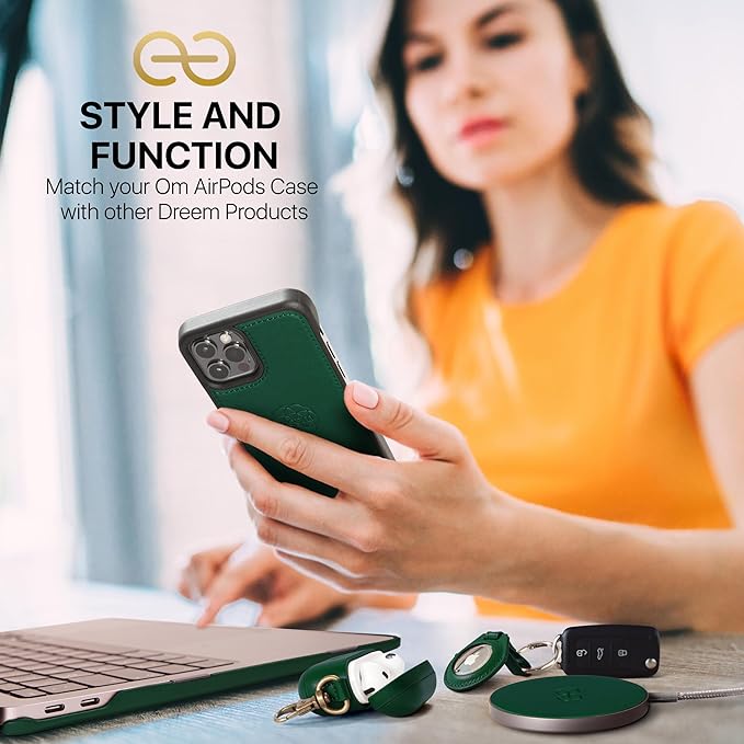 Dreem Om Case Cover with Keychain Clip Compatible with AirPods Pro 2/Pro, Protective One-Piece Hard Shell, Luxury Vegan Leather AirPod Pro Case 2nd/1st Generation with Separate Clip [Green]