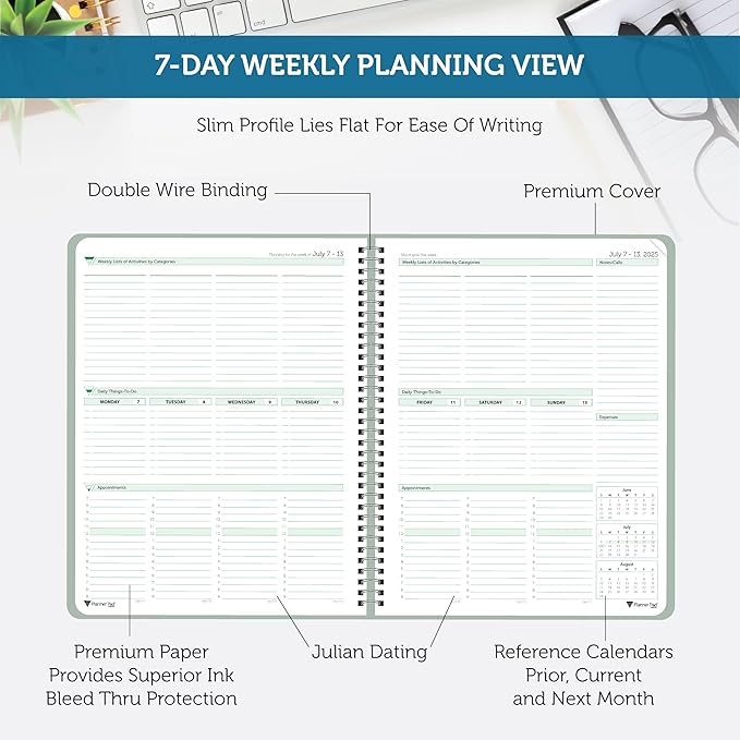 Planner Pad Spiral Bound 3-Tier Funnel Down 12 Month Organizer, July 2025 – June 2026 / Academic Year, Greenish Grey Cover/Soft Green Ink, 6 3/4" x 8 1/2"