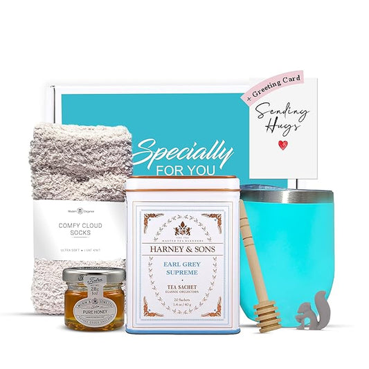 Tea Gift Set for Women – Thoughtful Get Well Gift Box with Cozy Socks, Stainless Tumbler, 20 Tea Sachets, Honey Jar & Sending Hugs Card (Earl Grey Tea - Cloud Socks)