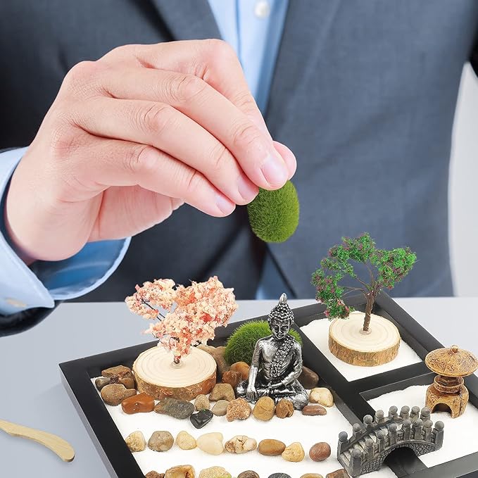Japanese Zen Garden for Desk - Sakura Budah 9" x 7" Desktop Mini Zen Garden with White Sand Artificial Bonsai Tree Rocks Rakes & Accessories - Meditation Zen Gifts Sand Garden Kit for Office Zen Decor