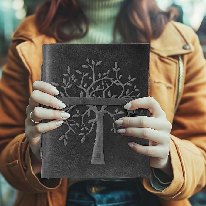 LEATHER VILLAGE Tree of Life Journal - 10 X 7 inches - Black - 200 Antique Deckle Edge Handmade Paper – Book of Shadows - Vintage Leather Bound Journal for Women & Men
