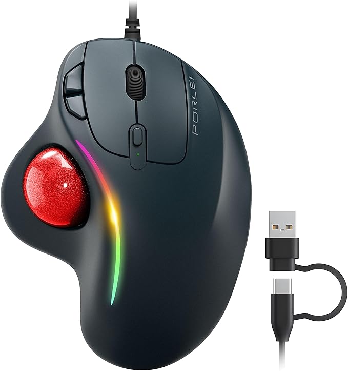 Wired Trackball Mouse with RGB Lighting, Ergonomic Thumb Control to Reduce Muscle Strain, 5 Adjustable DPI, Dual USB-C & USB-A Connectivity, Compatible with PC, Laptop, Mac, Windows-Red