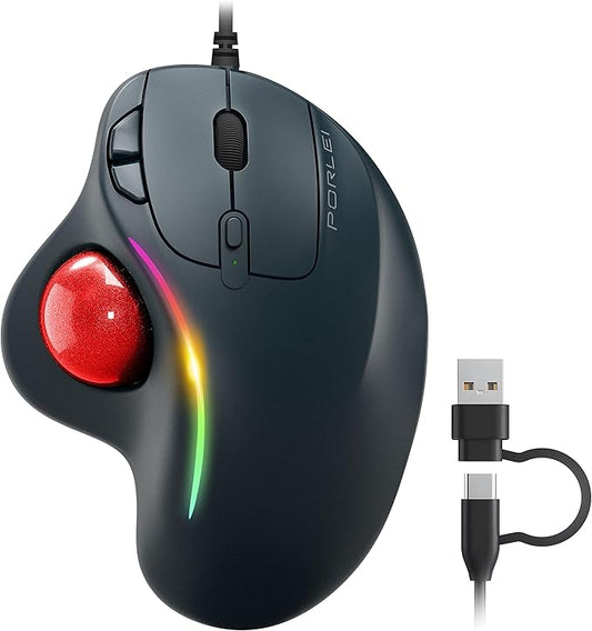 Wired Trackball Mouse with RGB Lighting, Ergonomic Thumb Control to Reduce Muscle Strain, 5 Adjustable DPI, Dual USB-C & USB-A Connectivity, Compatible with PC, Laptop, Mac, Windows-Red