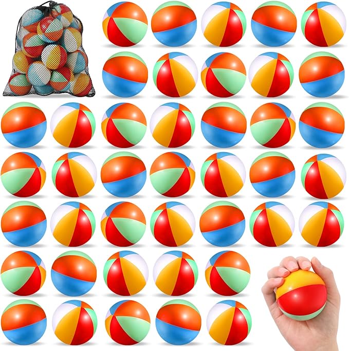 Hungdao 50 Pcs Beach Stress Balls 2.5 Inch Mini Beach Ball Stress Ball Relief Stress Ball Swimming Pool Game Toy Foam Sports Ball with Storage Bag for School Carnival Reward Birthday Party (Rainbow)