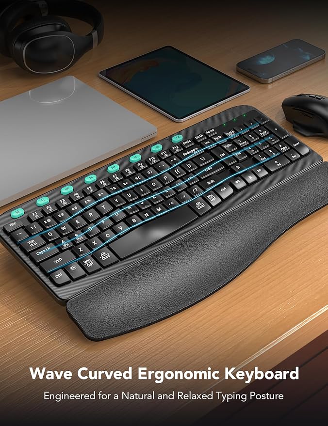 Wireless Keyboard and Mouse Combo – Ergonomic Wave Key, Built-in Leather Soft Palm Rest, 2.4G Full Size, 8 Hotkeys, 6-Button Mouse with 4-Level DPI, Dual USB-A/USB-C, Windows & macOS Compatible