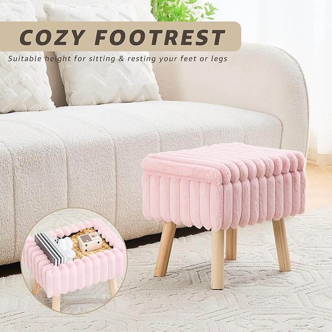 Wimarsbon Storage Ottoman,Soft Faux Fur Footstool with Padded Seat, Small Reading Vanity Chair, Footrest with Wood Tray for Couch, Mini Coffee Table or Display Stand (Pink, Rectangular Storage)