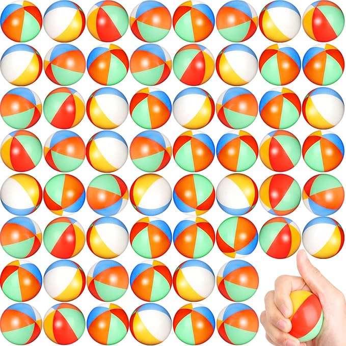 60 Pcs Beach Stress Balls Bulk 2.5" Mini Relief Stress Ball Pu Foam Squeezy Balls Summer Swimming Pool Game Toy Rainbow Beach Ball for Hawaiian Beach Birthday Party Favor School Carnival Reward
