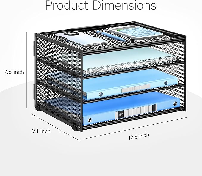 Lavatino 3-Tier Letter Tray Desk Paper Organizer – Black Mesh Metal File Tray Organizer for Desk, Office Supplies & Home Organization | Fits A4/Letter Paper, Mail, Magazines and Office Accessories