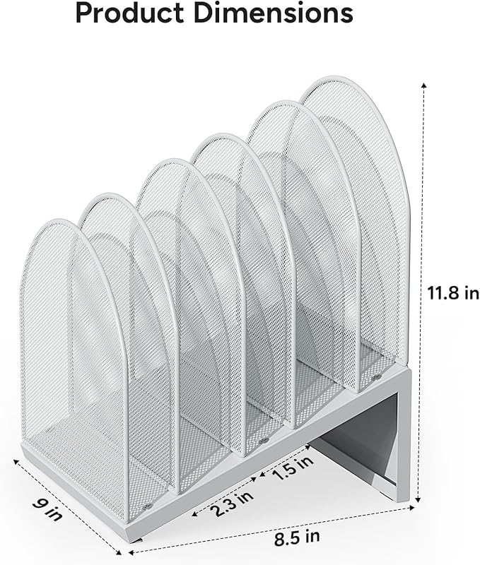 5-Section Desk File Organizer, Metal Mesh Folder Organizer for Documents, Mail & Office Papers (White)