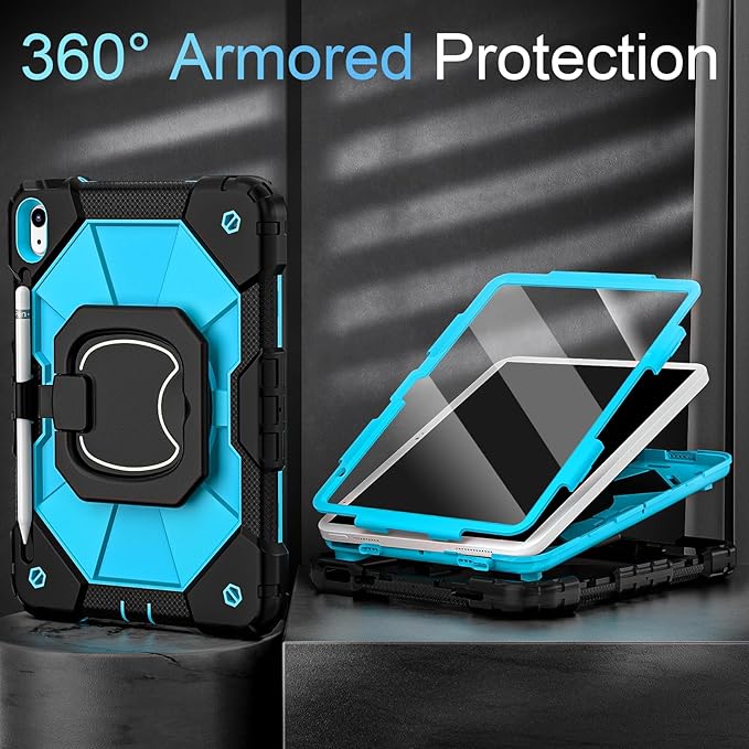 Case for iPad (A16)11th /10th Generation 11/10.9 Inch 2025/2022 with Screen Protector Rotating Stand Shoulder Strap Pencil Holder,Military Grade Shockproof iPad Case 10th Generation,Black Blue