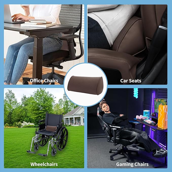 Lumbar Support Pillow for Car Seat and Office Chair, Gaming Chair, Ergonomic Memory Foam Back Cushion Lower Back Pain Relief, Luxury Leather Back Support Pillow, Brown, 1 Pack