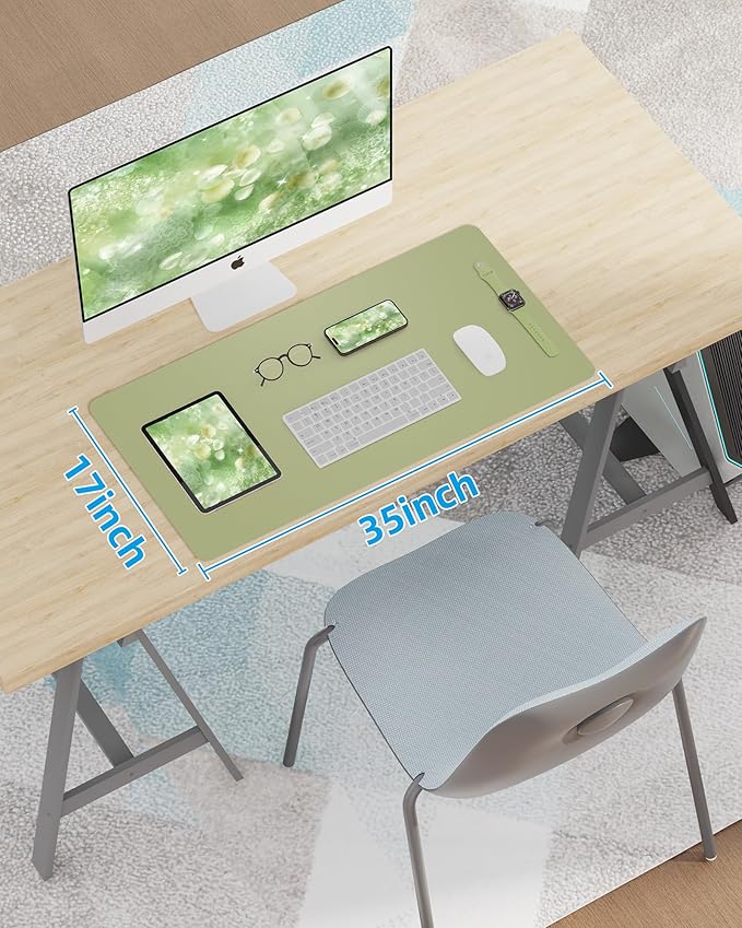 AFIING Leather Desk Pad Protector,Mouse Pad,Office Desk Mat, Non-Slip PU Leather Desk Blotter,Large Desk mat,Waterproof Keyboard mat for Office/Home/Decor (Olive Green,35"" x 17"")