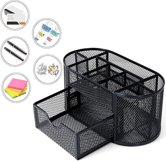 Black Mesh Pen Holder Desk Organizer Cute Office Supplies Pencil and Marker Organizers Oval Desk Caddy with 8 Compartments and 1 Drawer Workspace Accessories for Office School Home