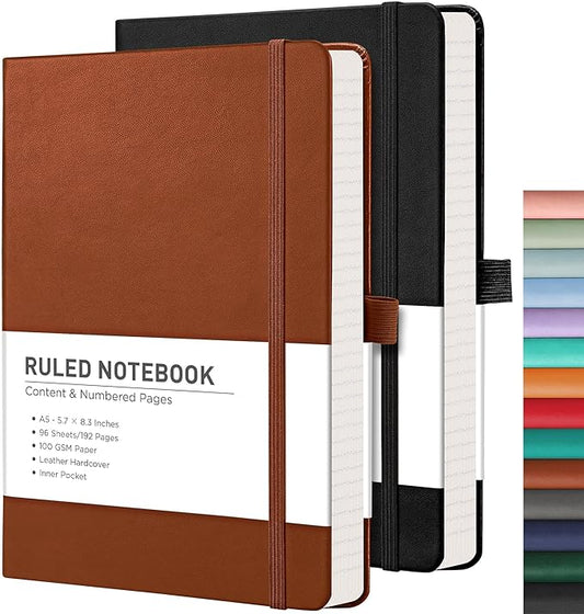RETTACY Lined Journal Notebook, 2-Pack, 192 Numbered Pages per Pack, A5 Medium Size (5.7'' x 8.3''), for Men & Women, Writing, Work, Leather Hardcover, 100 GSM Thick Paper (Black & Brown)