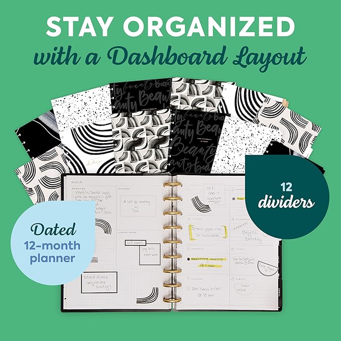 Happy Planner Disc-Bound Planner Jan.–Dec. 2026, Includes 3 Extra Months and 2 Sticker Sheets, Classic Size, 7" x 9.25", Dashboard Layout, Modern Texture