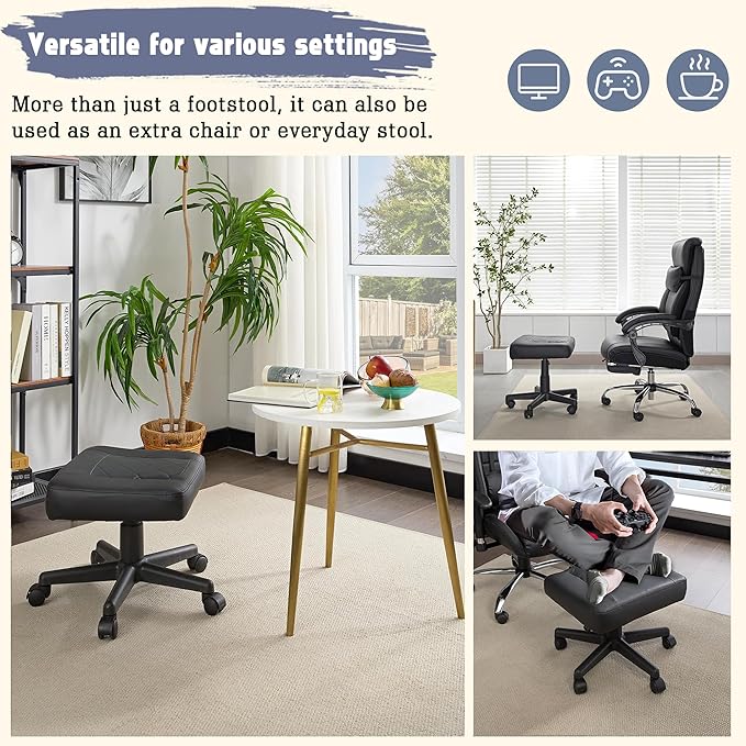 VECELO Under Desk Footrest, PU Ergonomic Foot Rest with Wheels, Comfort Padding, Height Adjustable for Relieving Leg Pain, Stiffness, Black