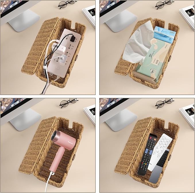 2 Pack Rattan Cable Management Box, Large Cord Organizer Box with Lid Under Desk Router Hider Storage Box with 4 Exits, Wire Box Hider for TV Wires Computer Surge Protector USB Hub Power Strip