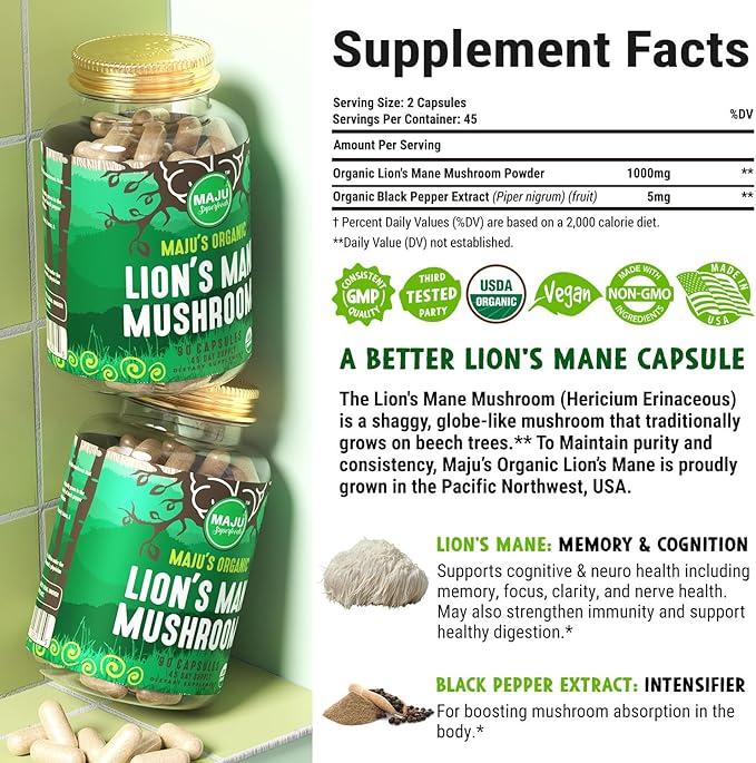 Maju Superfoods Organic Lions Mane Mushroom Capsules 90ct, Fruiting Bodies Steam Extract, Organic Mushrooms with Black Pepper Extract, Hericium Erinaceus