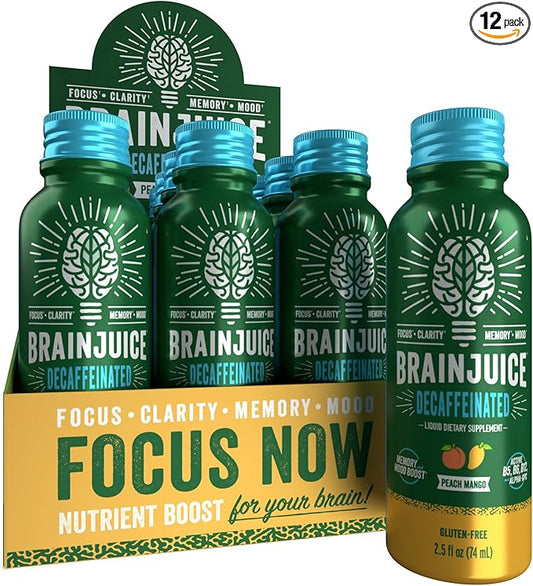 BrainJuice Decaf Brain Support Shot, Gluten Free Supplement Shots for Energy & Focus, Healthy Drinks with Alpha GPC, Vitamin B & Decaffeinated Green Tea Leaf, Peach Mango, 2.5 fl oz, 12 Pack