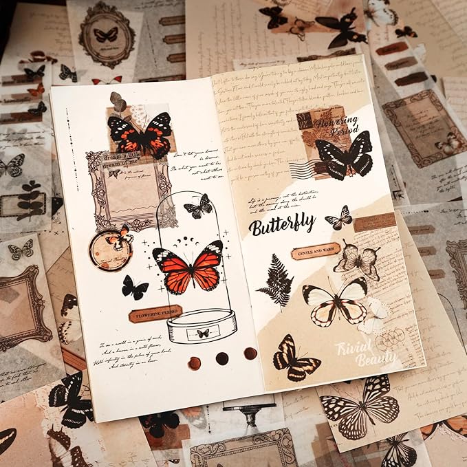 Dizdkizd Washi Stickers for Journaling, Vintage Ephemera Book for Scrapbooking with 180pcs Butterfly Stickers and 20 Sheets Adhesive Scrapbook Papers, Junk Journal Supplies