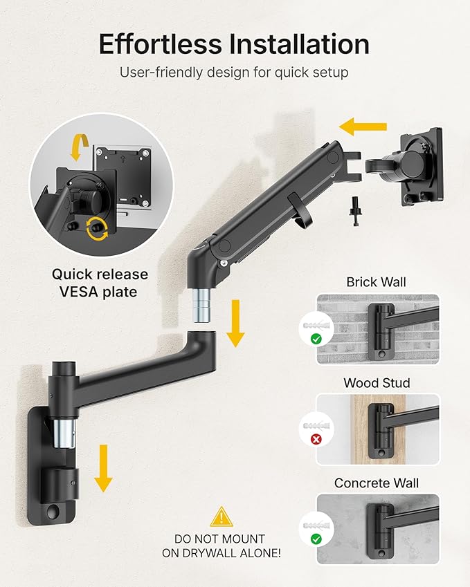 monTEK Monitor Wall Mount for 17-57“ up to 59.4 lbs Ultrawide Screens, Single Heavy-Duty Aluminum Gas Spring Monitor Arm with Full Motion Adjustment, VESA 75x75/100x100 Compatible, Black
