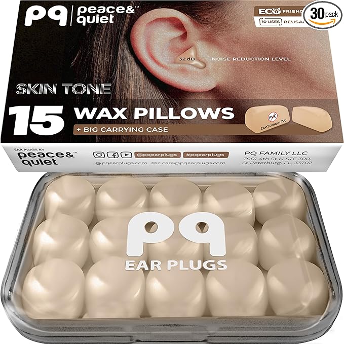 Peace&Quiet PQ Silicone Ear Plugs for Sleeping - 15 Wax Earplugs for Sleep and Swimming Ear Plugs, Soft Ear Covers for Sleeping and Water, Noise Cancelling 32Db, (15 Pillows), Skin Tone