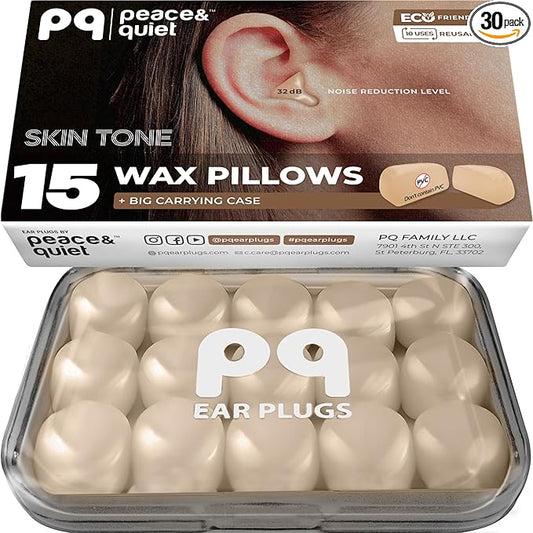 Peace&Quiet PQ Silicone Ear Plugs for Sleeping - 15 Wax Earplugs for Sleep and Swimming Ear Plugs, Soft Ear Covers for Sleeping and Water, Noise Cancelling 32Db, (15 Pillows), Skin Tone
