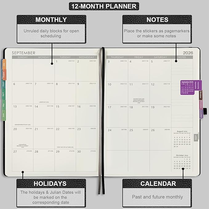 2026 Planner - JAN 2026 - DEC 2026, Planner Weekly and Monthly, Planner 2026, 8.5" x 11", Leather Cover Planners with Thick Paper, Back Pocket with Notes Pages, Black