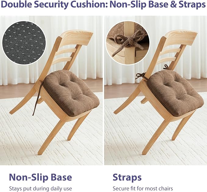 Chair Cushions Set of 4 for Dining Chairs, 16.5"x15.5" Kitchen Chair Pads with Memory Foam, Non-Slip Bottom & Ties, Tufted Indoor Seat Cushions for Home Use – Brown