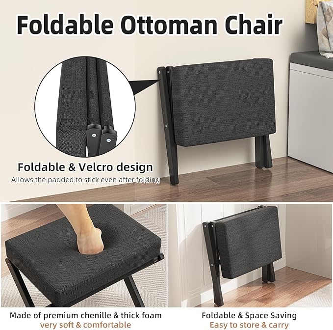 Foldable Foot Stool Ottoman, Modern Foot Rest with Bamboo X Legs & Thick Foam Cushion, Folding Foot Stools Small Padded for Bedroom Living Room, Makeup Vanity Stool Chair (Black - Black)