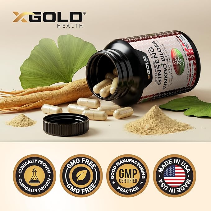 Korean Red Panax Ginseng 1200mg + Ginkgo Biloba -120 Vegan Capsules - High Ginsenosides Extra Strength Root Extract Powder Supplement for Energy, Performance & Focus Pills for Men & Women