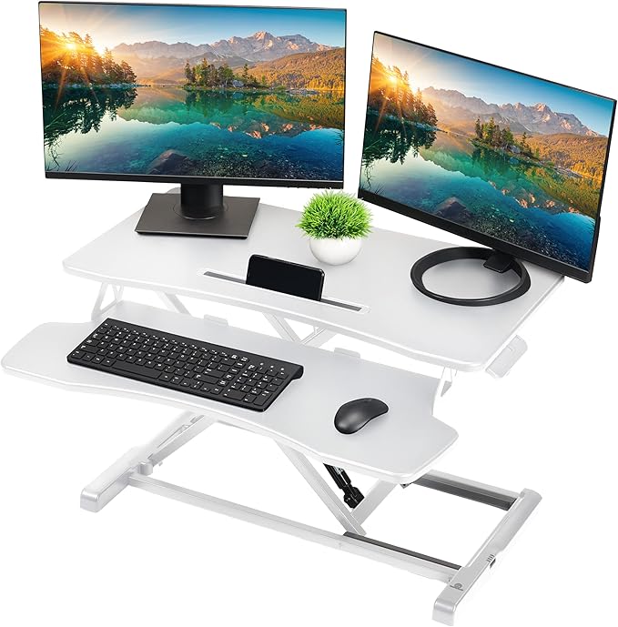 TechOrbits Standing Desk Converter - 32 Inch Adjustable Sit to Stand Up Desk Workstation, MDF Wood, Ergonomic Riser with Keyboard Tray, Desktop Riser for Home Office Computer Laptop, White 32"
