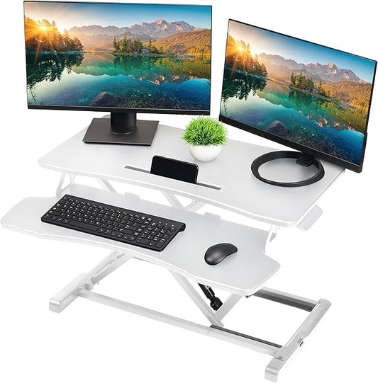 TechOrbits Standing Desk Converter - 32 Inch Adjustable Sit to Stand Up Desk Workstation, MDF Wood, Ergonomic Riser with Keyboard Tray, Desktop Riser for Home Office Computer Laptop, White 32"