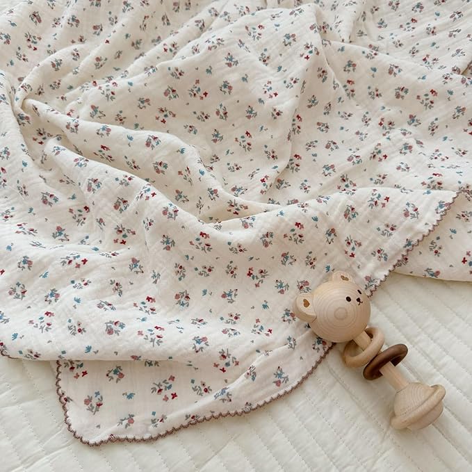 BuLuTu Cotton Muslin Blanket for Toddler Girls Boys 1 2 3 4 5 6 Year Old, Shabby Chic Floral Baby Blanket for Crib/Toddler Bed, 4 Layers Gauze Lightweight Toddler Quilt, 1 pc, 47"x51"