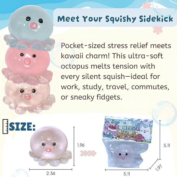 Crystal Squishy Octopus Squeeze Toys, Animals Sticky Stress Ball, Handmade Cute Octopus Squeeze Toys, Stress Relief Squishies Fidget Toys, Funny Octopus Taba Fidget Toy for Office, Party Favors (Pink)