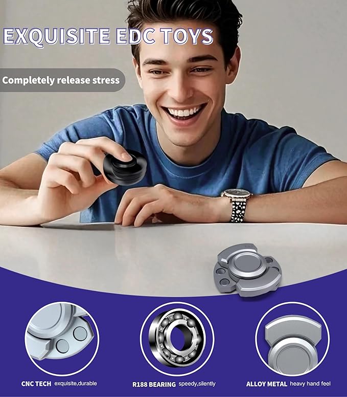 Metal Fidget Toys Adults,3 Play Model (Fidget Spinner,Fidget Clicker,Fidget Slider),Ultra-Silent,High-Speed Rotation,Compact Stress Relief Toy for Adult(2 Pcs)