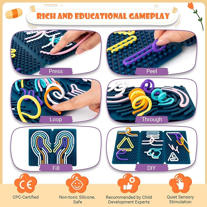 Sensory Activity Board, Six-Sided Silicone Sensory Fidget Toy with 40 Strings for Autism, Stress Relief, Calming, Focus & ADHD, Great for Kids 3+ & Adults with User Guide & Portable Travel Bag