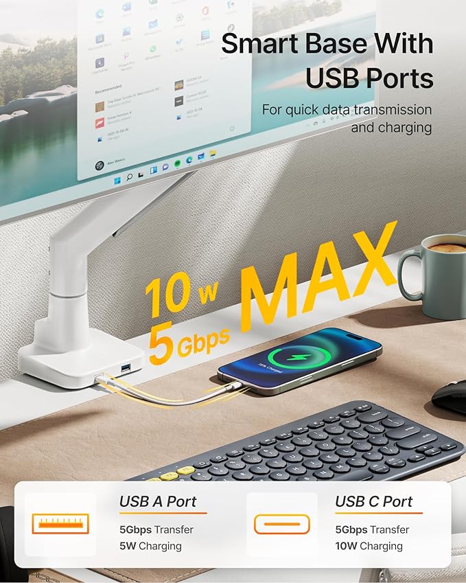 monTEK Sleek Aluminum Monitor Arm for 17–57” Ultrawide Screens up to 59 lbs, USB 3.0 A/C, Heavy Duty Single Monitor Arm Desk Mount, Pneumatic Lift, Quick-Release Plate, Clamp/Grommet, Max VESA 100x100